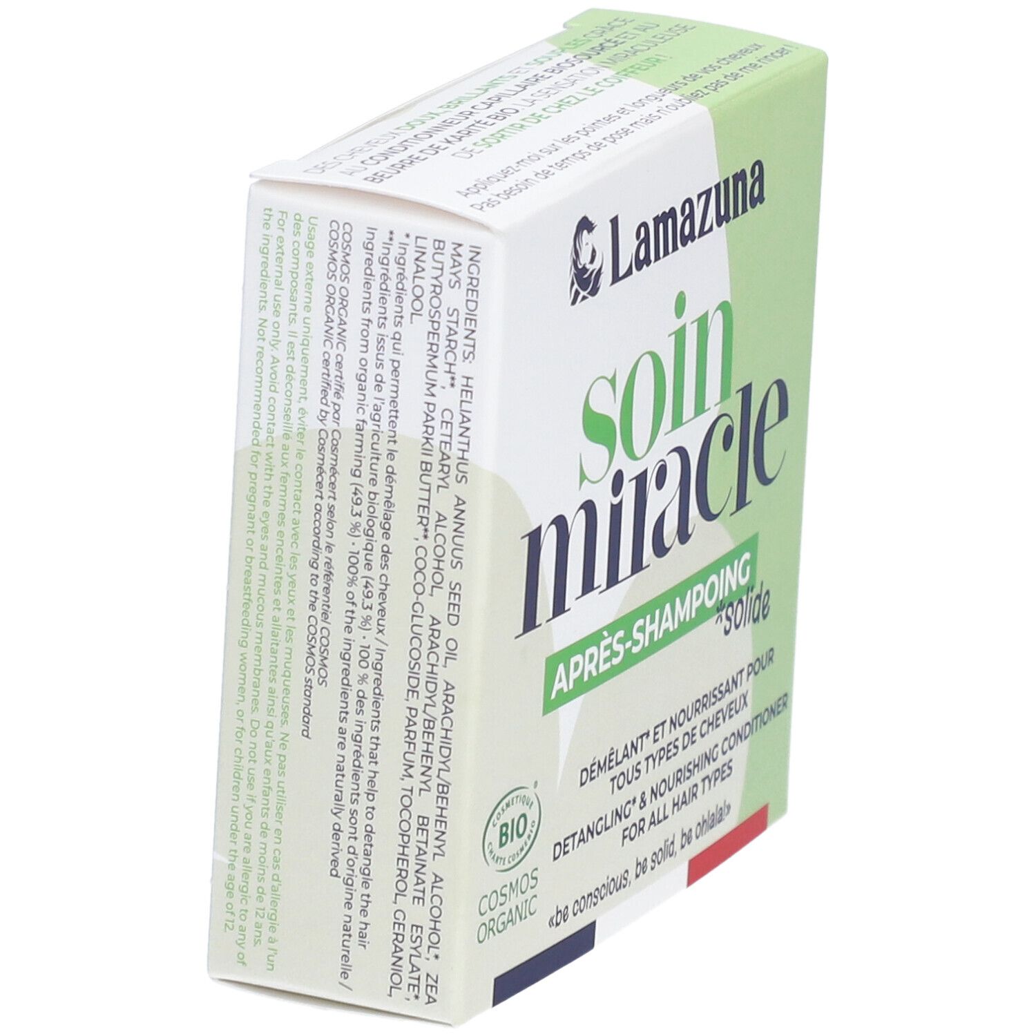 Schachtel, grün, mit "Soin Miracle Après-Shampoing Solide". Inhaltsstoffe und Bio-Zertifizierung. Text in mehreren Sprachen.