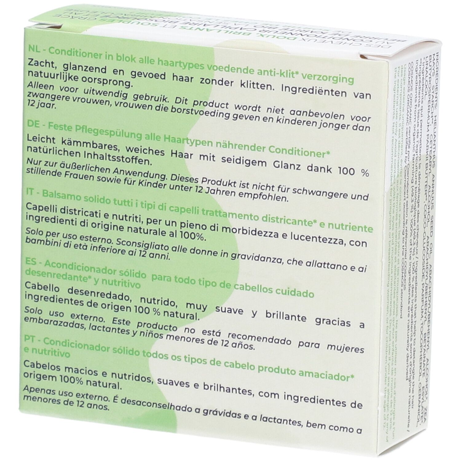 Rückseite der grünen Schachtel. Text in Deutsch, Französisch, Italienisch, Spanisch, Portugiesisch und Niederländisch.
