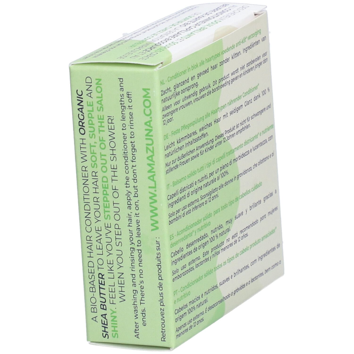 Grüne Schachtel mit Text in Englisch. Bio-Zertifizierung. Aufdruck "Soin Miracle Après-Shampoing Solide".