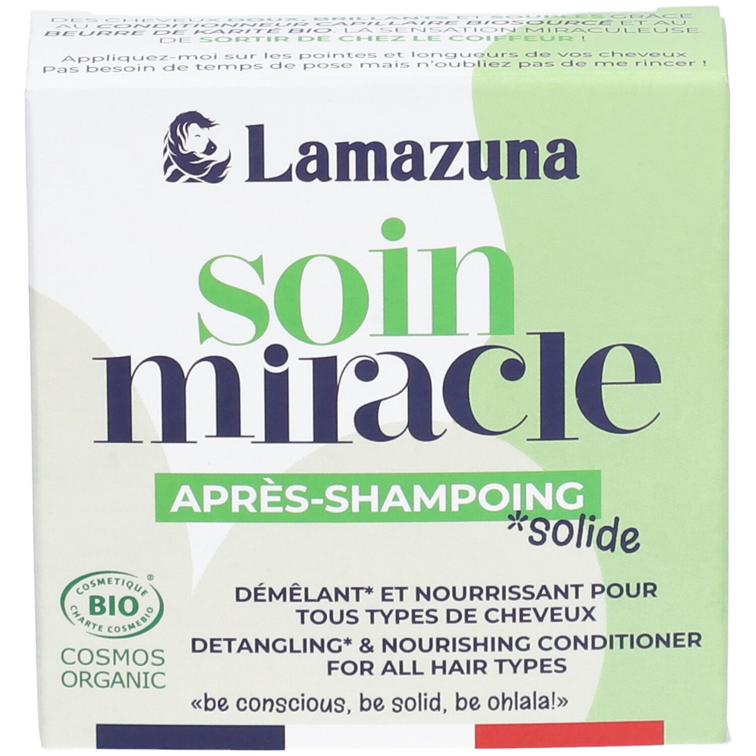 Grüne Schachtel mit "Soin Miracle Après-Shampoing Solide". Bio-Zertifizierung. Text in Französisch und Englisch.