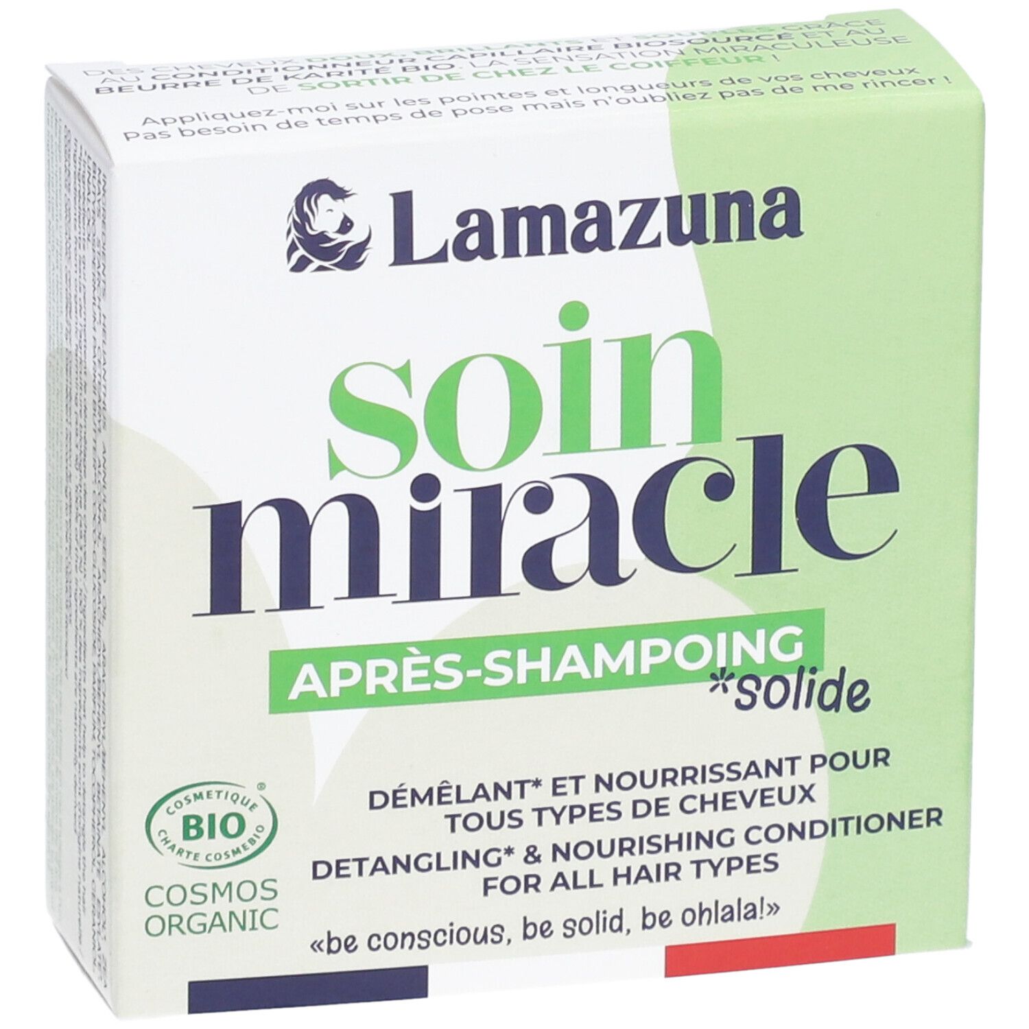 Grüne Schachtel mit "Soin Miracle Après-Shampoing Solide". Bio-Zertifizierung. Text in Französisch und Englisch.