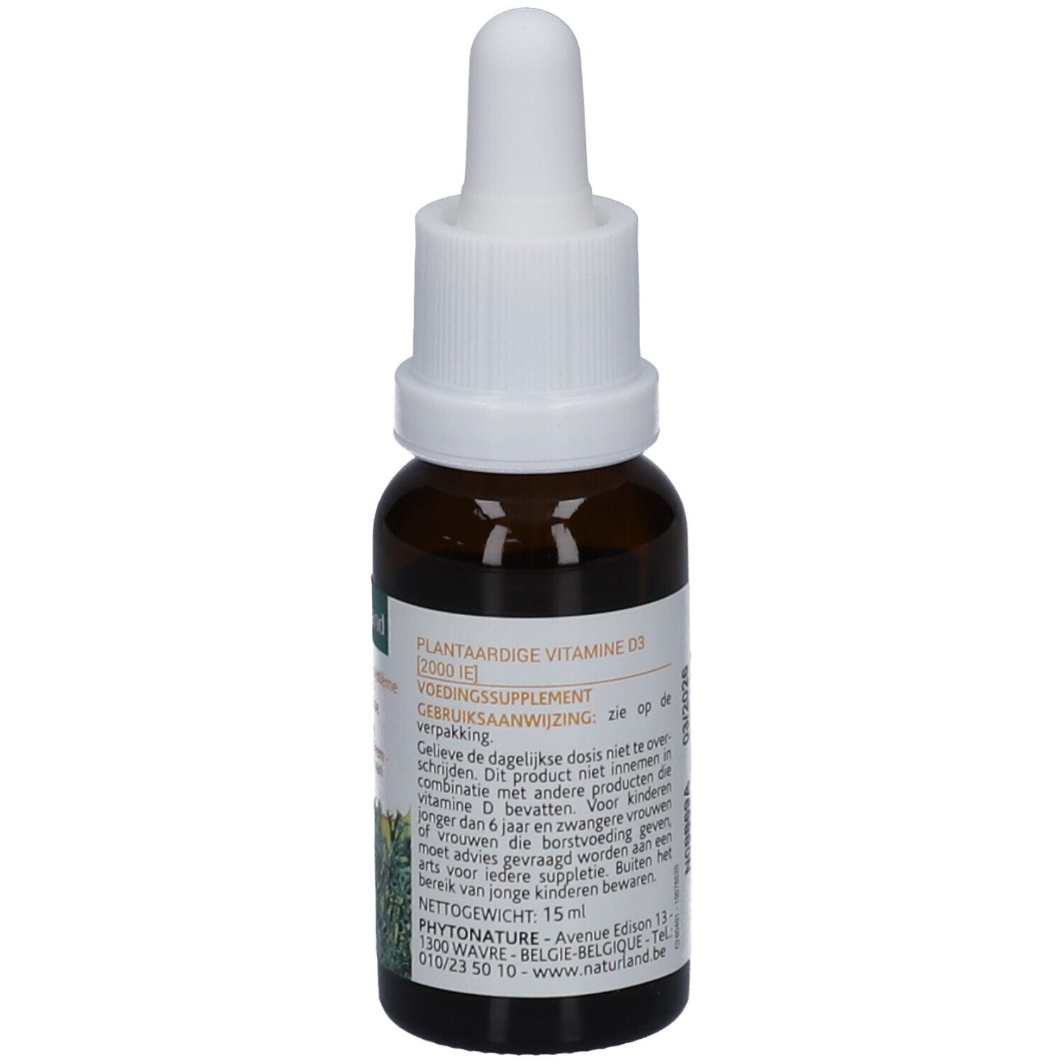 Braune Glasflasche mit weißem Tropfer. Etikett mit Text. Pflanzliches Vitamin D3. 2000 IE. Naturland.