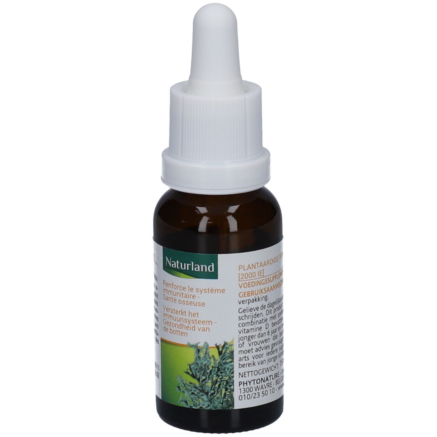 Braune Glasflasche mit weißem Tropfer. Etikett mit Text und Logo Naturland. Pflanzliches Vitamin D3.