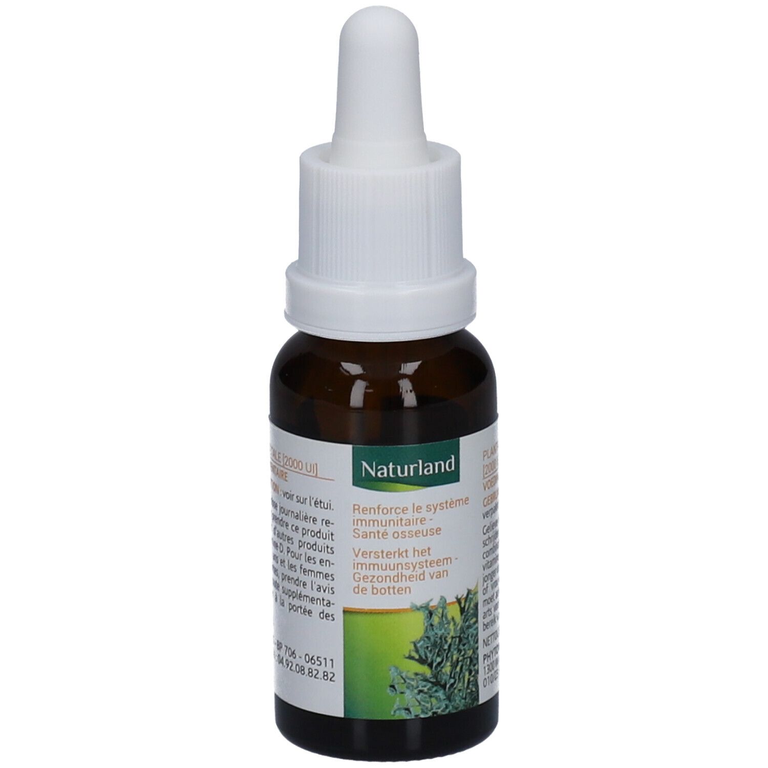 Braune Glasflasche mit weißem Tropfer. Etikett mit Text und Logo Naturland. Pflanzliches Vitamin D3.
