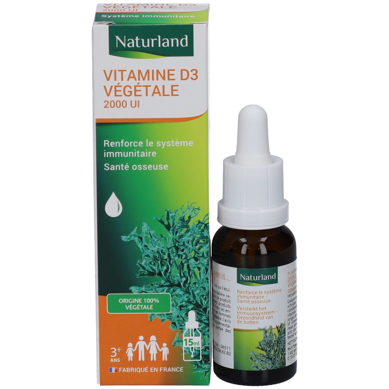 Schachtel und Flasche. Schachtel mit Logo Naturland und Text Vitamine D3 Végétale. Flasche mit Tropfer.