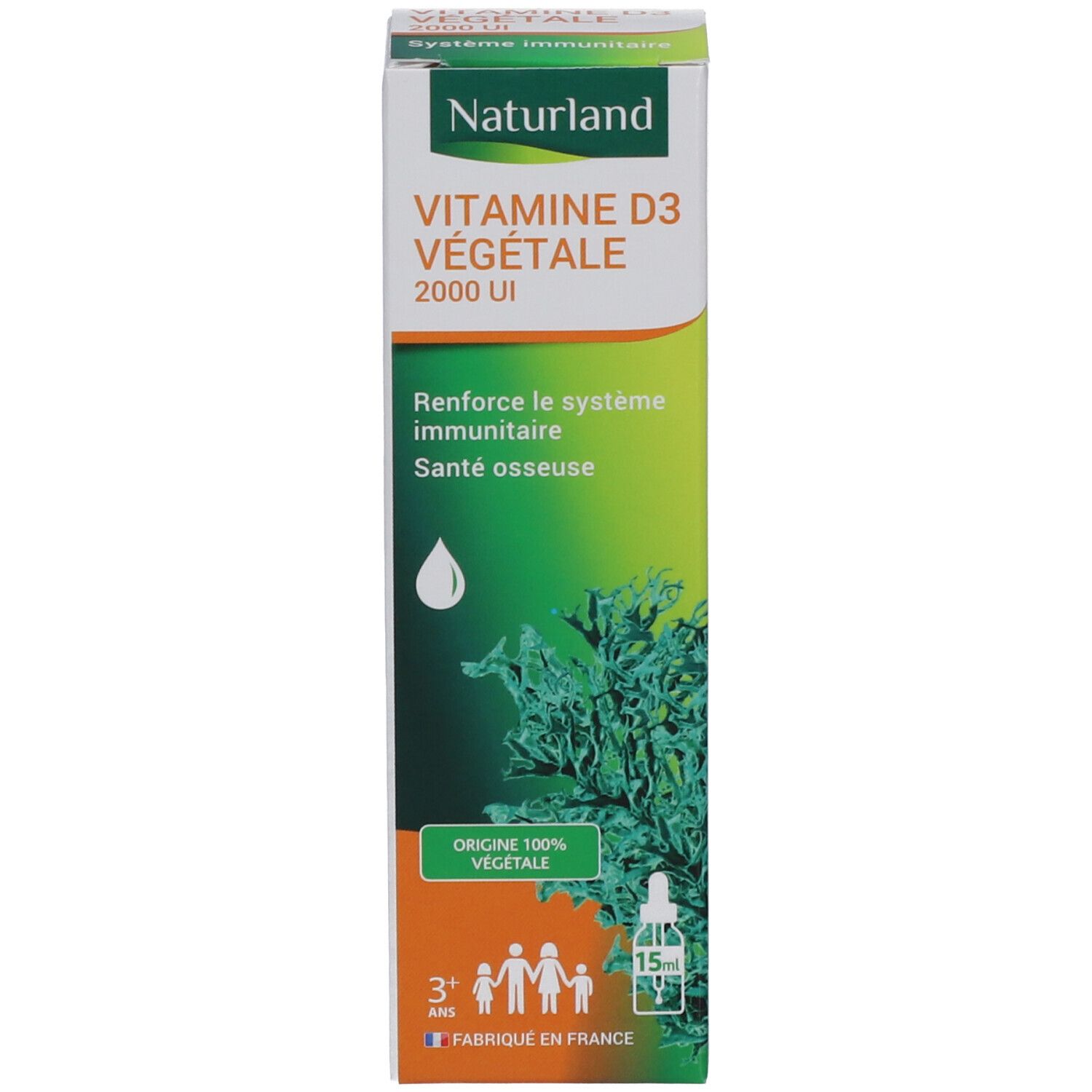 Schachtel mit Logo Naturland und Text Vitamine D3 Végétale. Flasche mit Tropfer. 15 ml.
