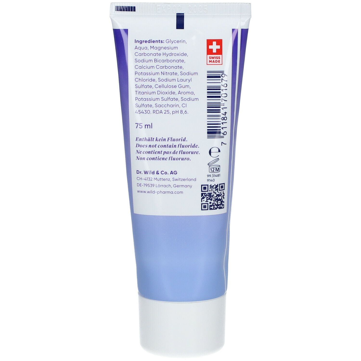 Tube de dentifrice, dos. Sans fluor. Ingrédients et logo Croix suisse visibles. 75 ml.