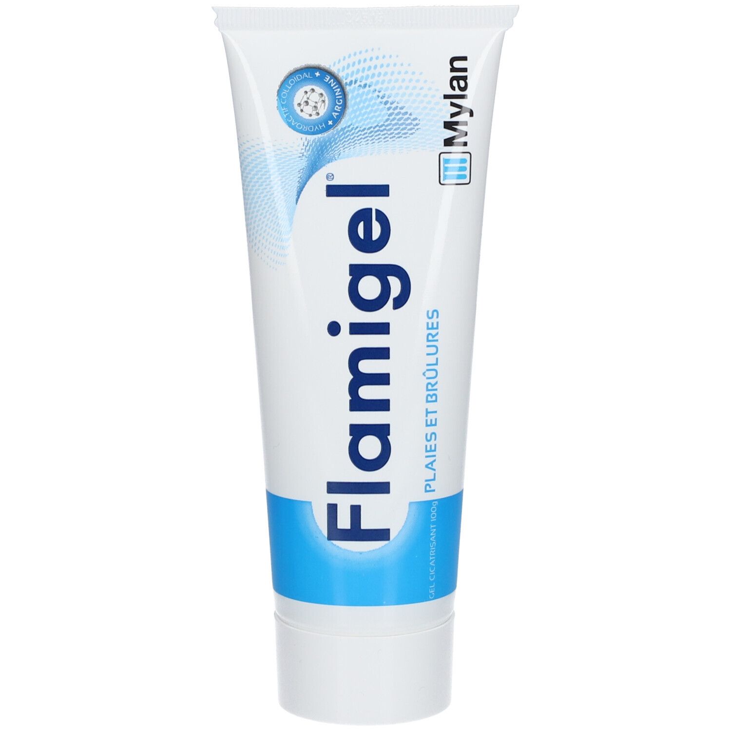 Tube blanc et bleu. Inscription Flamigel, logo Mylan. Texte : Plaies et brûlures. Bouchon blanc.