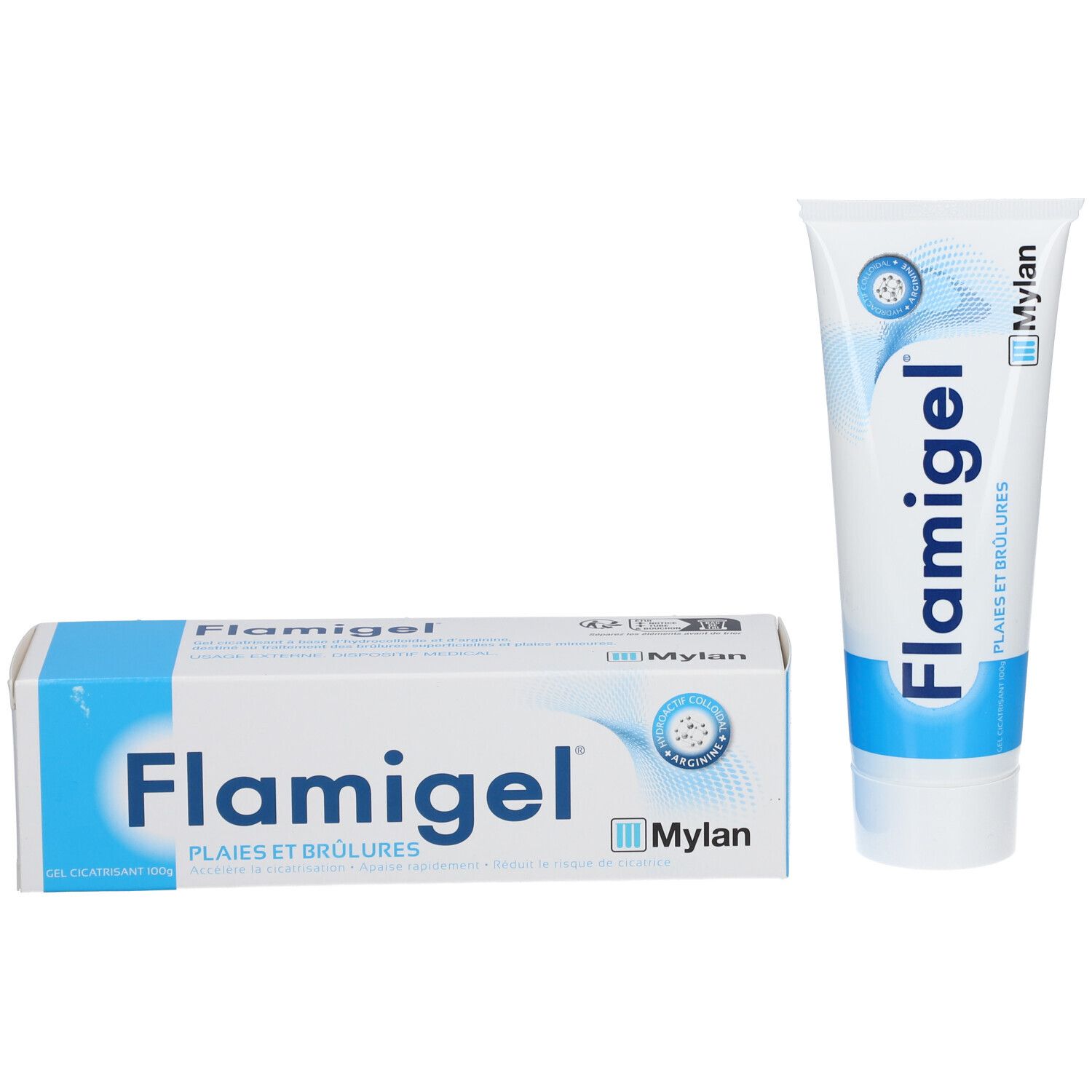 Emballage et tube. Emballage avec inscription Flamigel. Logo Mylan. Tube design bleu et blanc.
