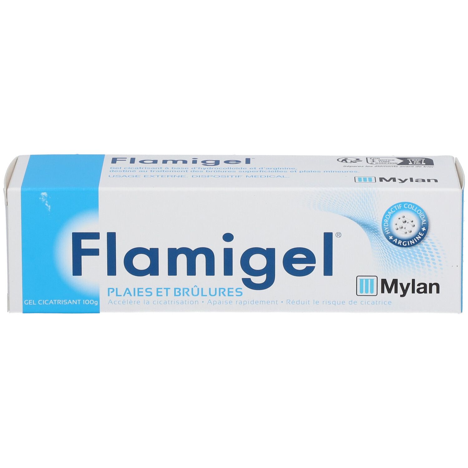 Emballage avec inscription Flamigel. Logo Mylan. Texte : Plaies et brûlures. Gel cicatrisant 100g.