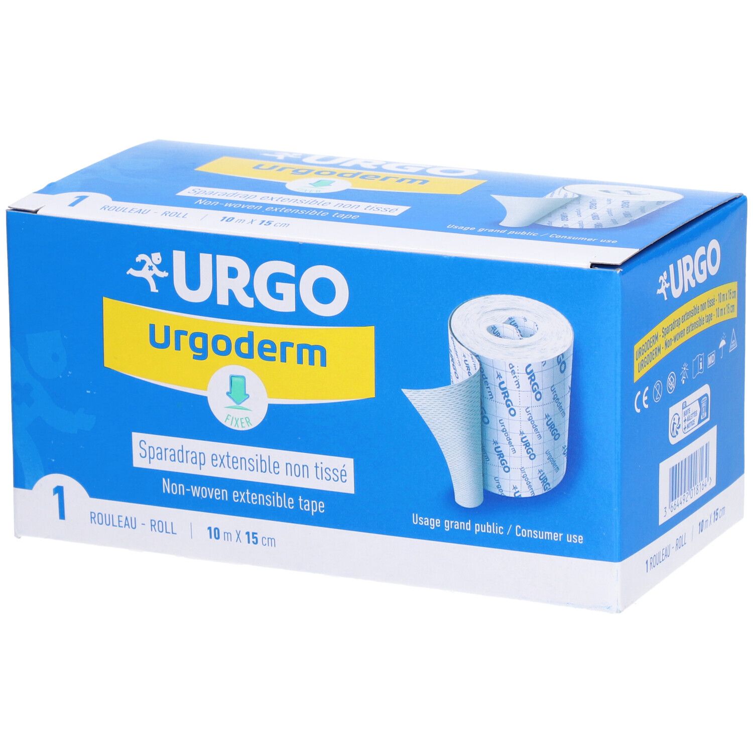 Boîte bleue et blanche avec logo URGO et nom du produit. Contient un rouleau de sparadrap non tissé extensible. Dimensions : 10m x 15cm.