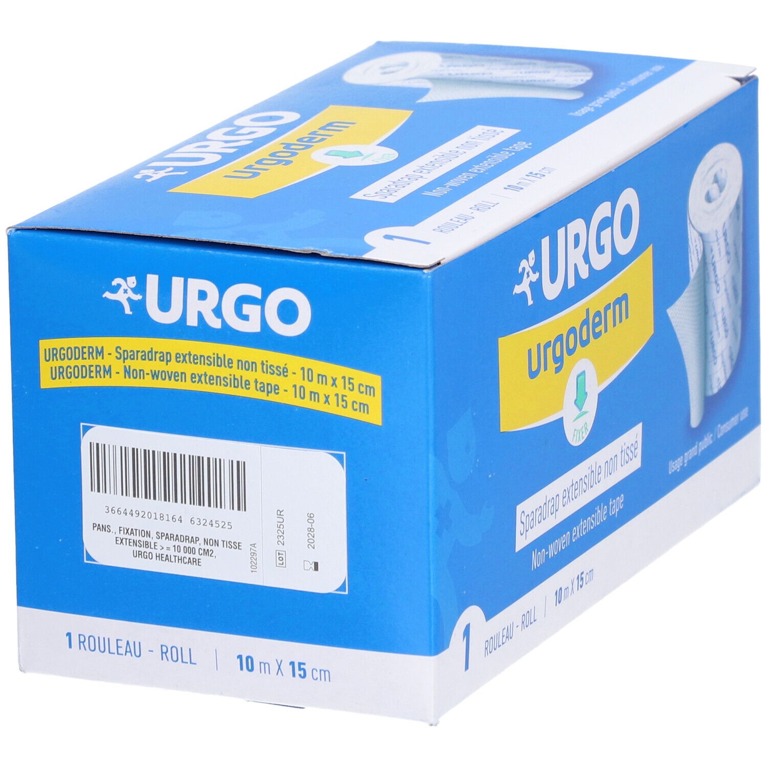Boîte bleue avec logo URGO et nom du produit. Contient un rouleau de sparadrap non tissé extensible. Dimensions : 10m x 15cm.