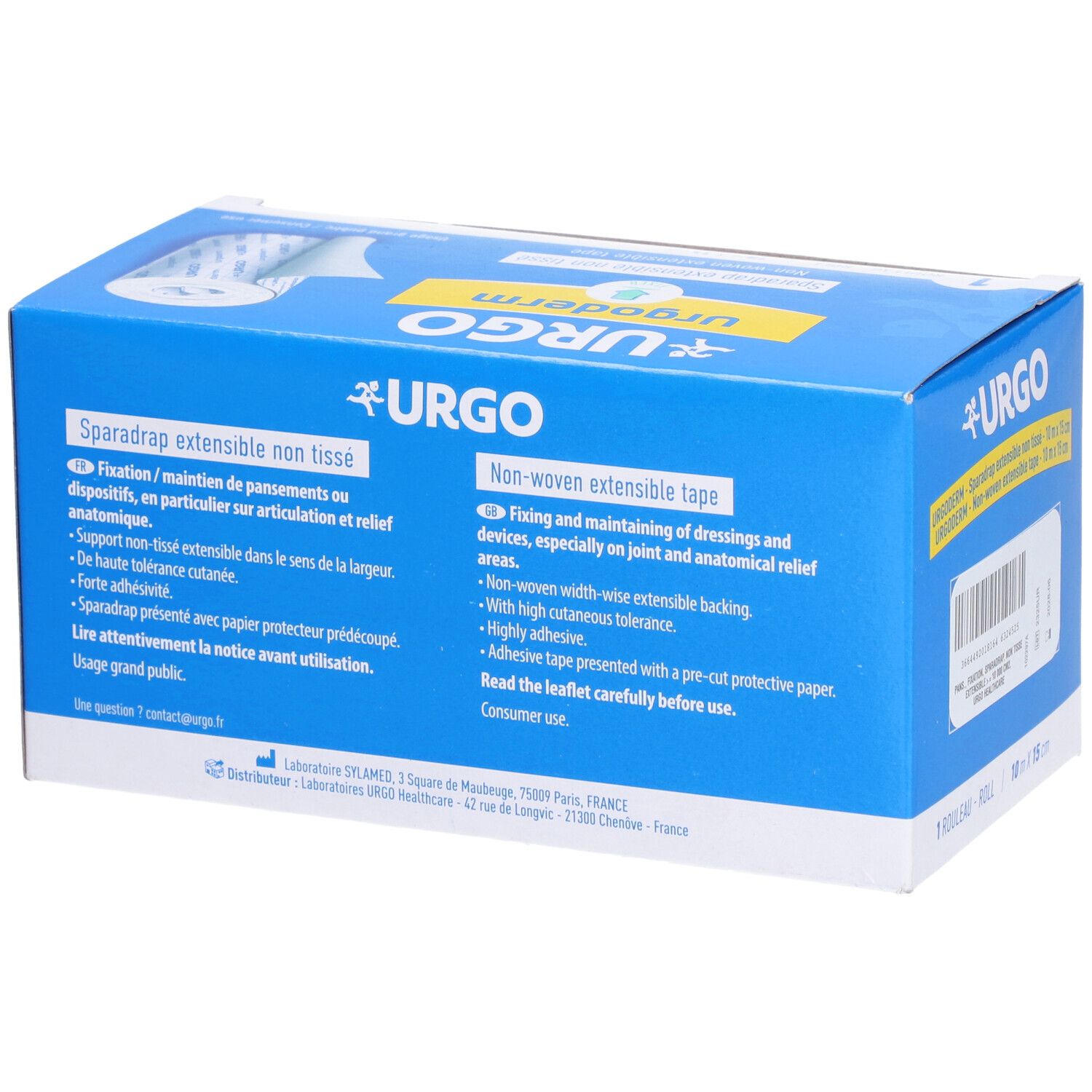 Boîte bleue avec logo URGO et informations produit. Contient un rouleau de sparadrap non tissé extensible. Dimensions : 10m x 15cm.