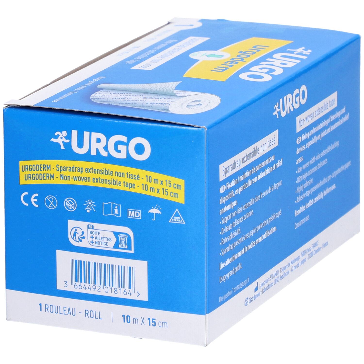 Boîte bleue avec logo URGO et informations produit. Contient un rouleau de sparadrap non tissé extensible. Dimensions : 10m x 15cm.