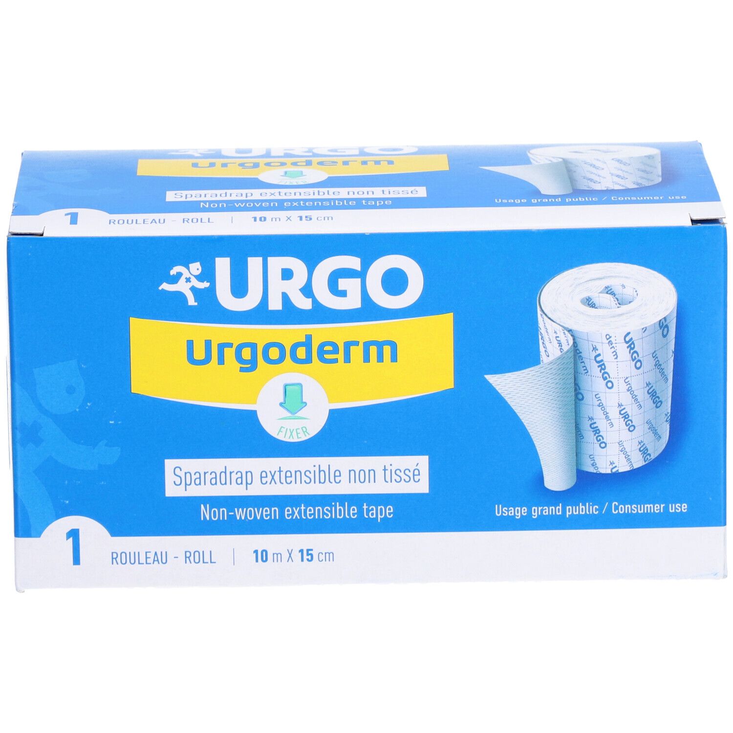 Boîte bleue et blanche avec logo URGO et nom du produit. Contient un rouleau de sparadrap non tissé extensible. Dimensions : 10m x 15cm.
