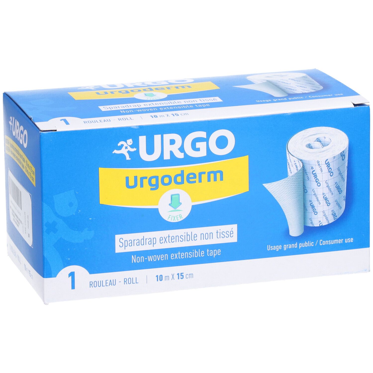 Boîte bleue et blanche avec logo URGO et nom du produit. Contient un rouleau de sparadrap non tissé extensible. Dimensions : 10m x 15cm.