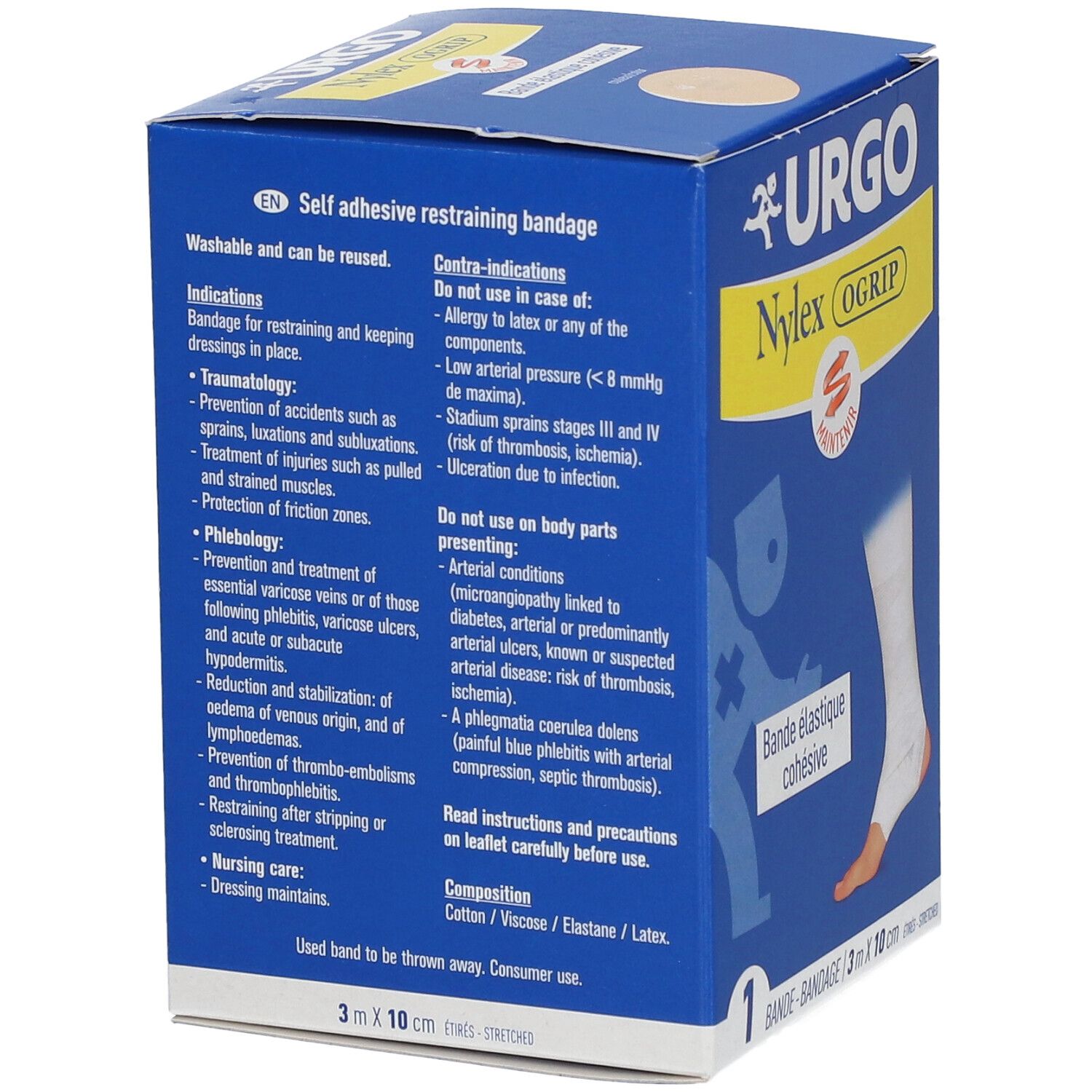Dos de la boîte bleue URGO Nylex OGrip. Informations sur indications, contre-indications et composition.