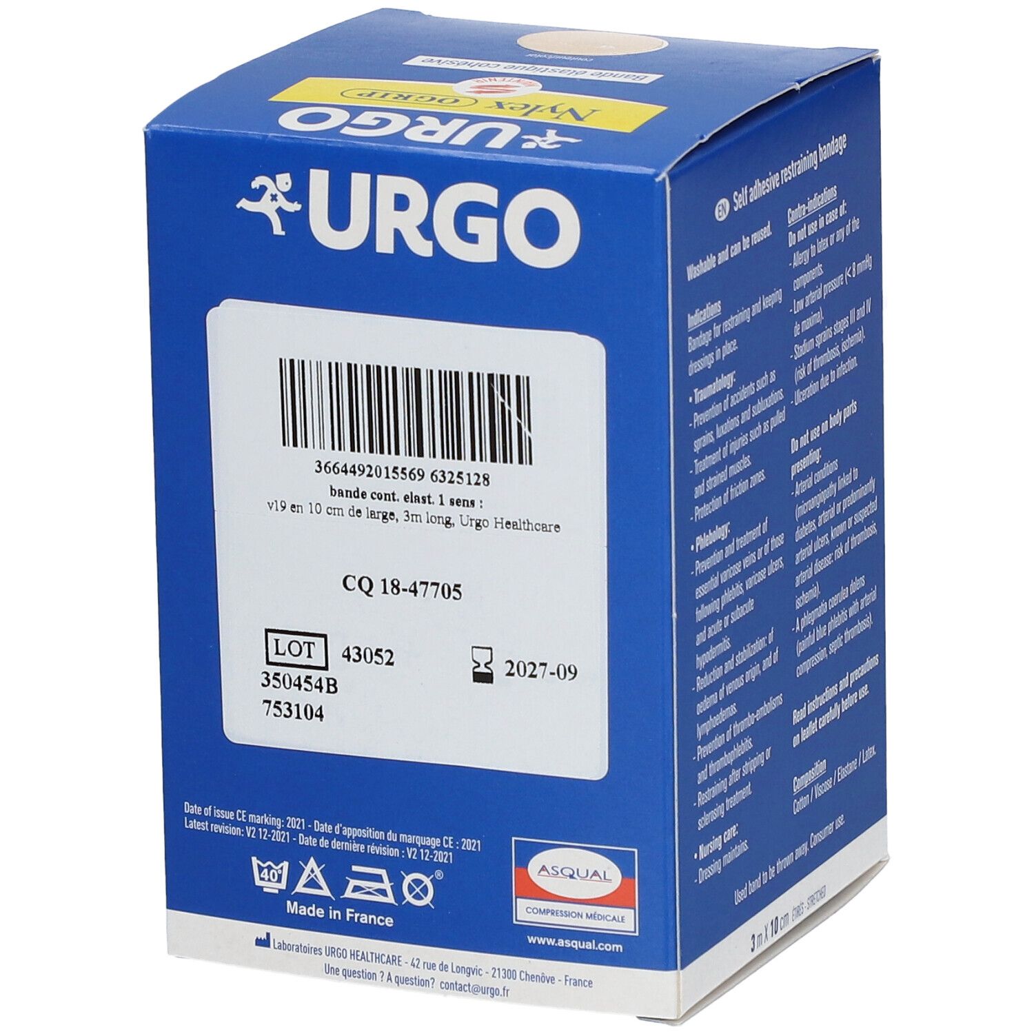 Boîte bleue URGO Nylex OGrip avec code-barres et numéro de lot. Informations de fabrication et date de péremption.