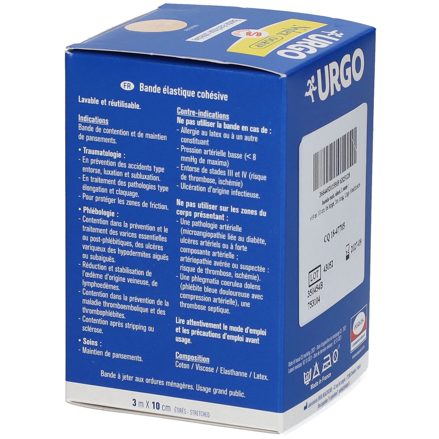 Dos de la boîte bleue URGO Nylex OGrip. Informations sur indications, contre-indications et composition.