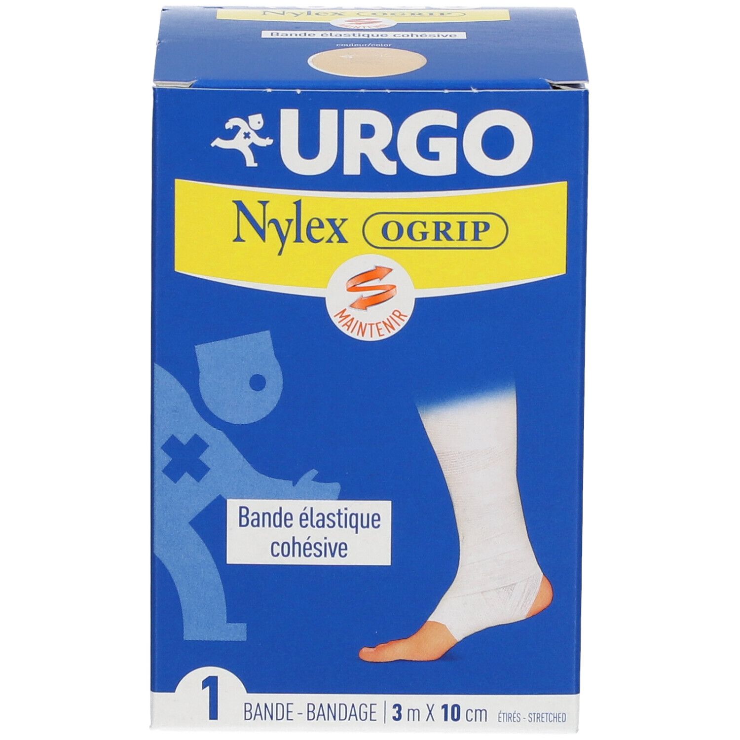Boîte bleue URGO Nylex OGrip. Bande élastique cohésive sur pied. Dimensions : 3 x 10 cm.