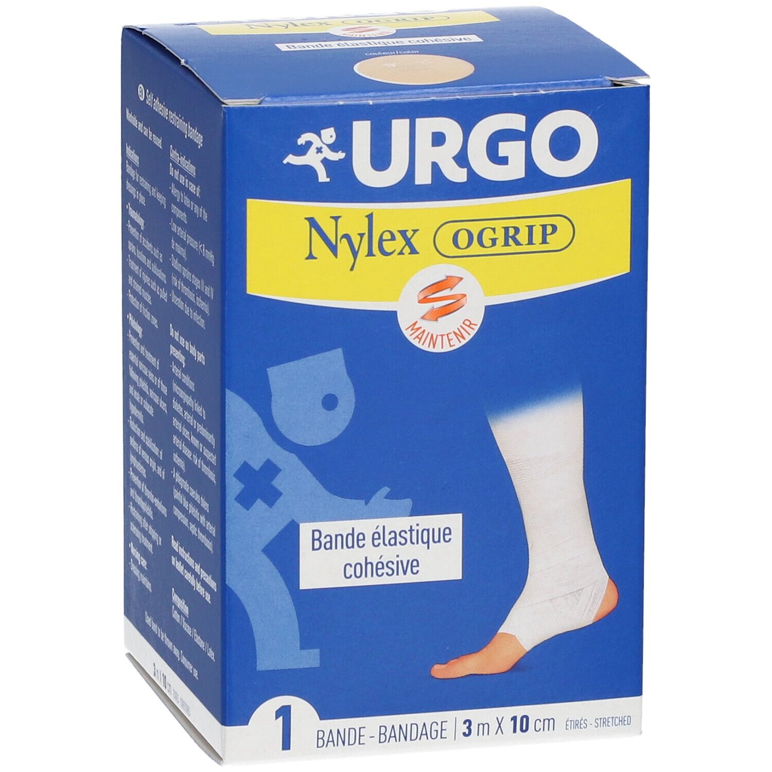 Boîte bleue URGO Nylex OGrip. Bande élastique cohésive sur pied. Dimensions : 3 x 10 cm.