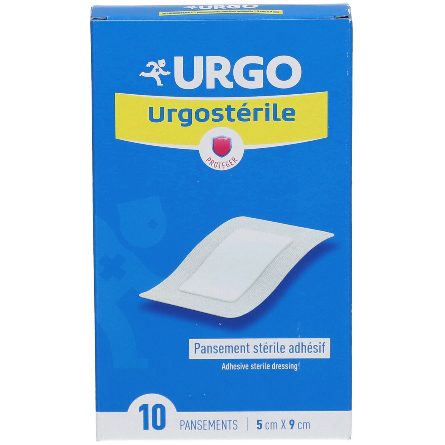 Boîte bleue URGO Urgostérile. 10 pansements stériles adhésifs, 5 cm x 9 cm. Un pansement est représenté sur la boîte.
