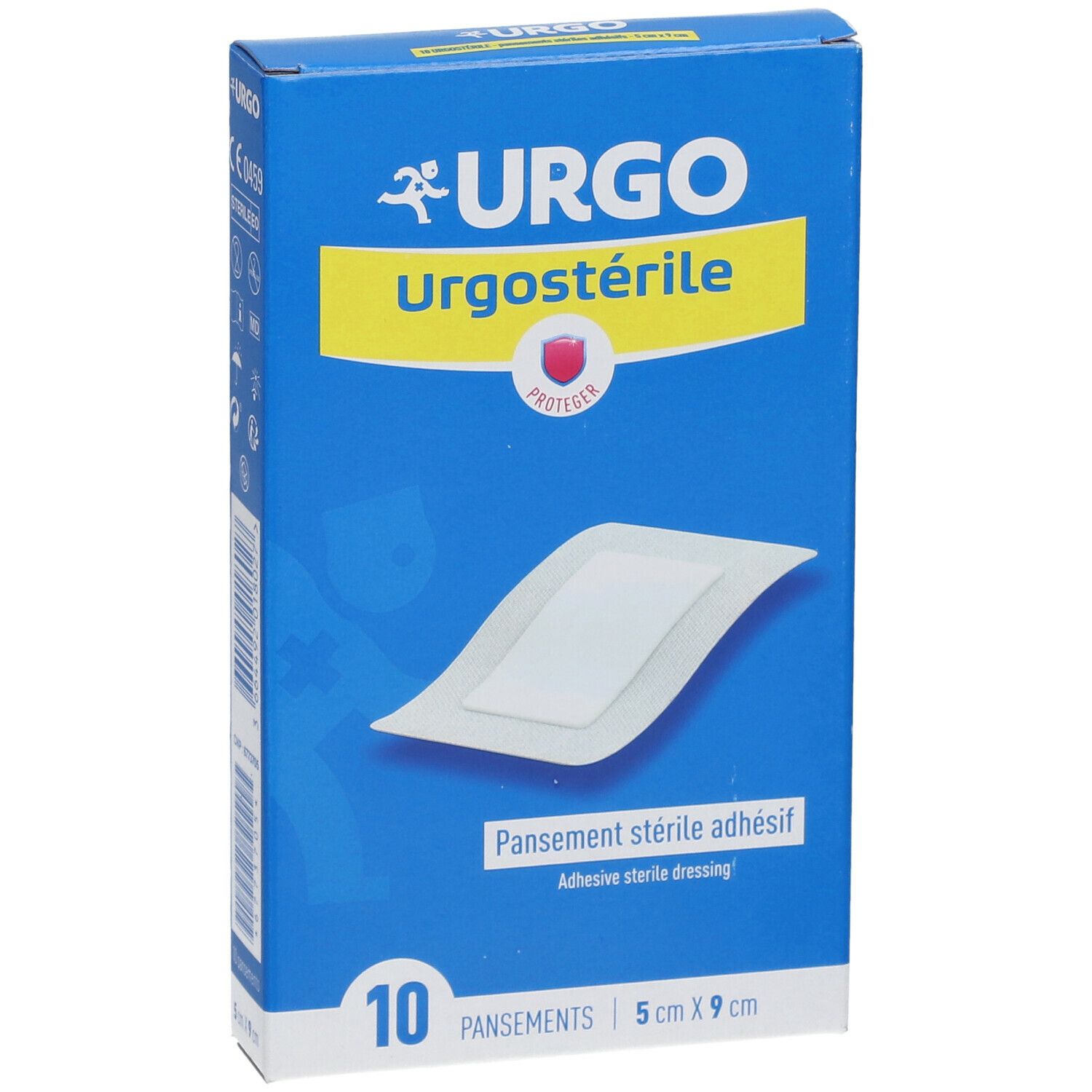 Boîte bleue URGO Urgostérile. 10 pansements stériles adhésifs, 5 cm x 9 cm. Un pansement est représenté sur la boîte.