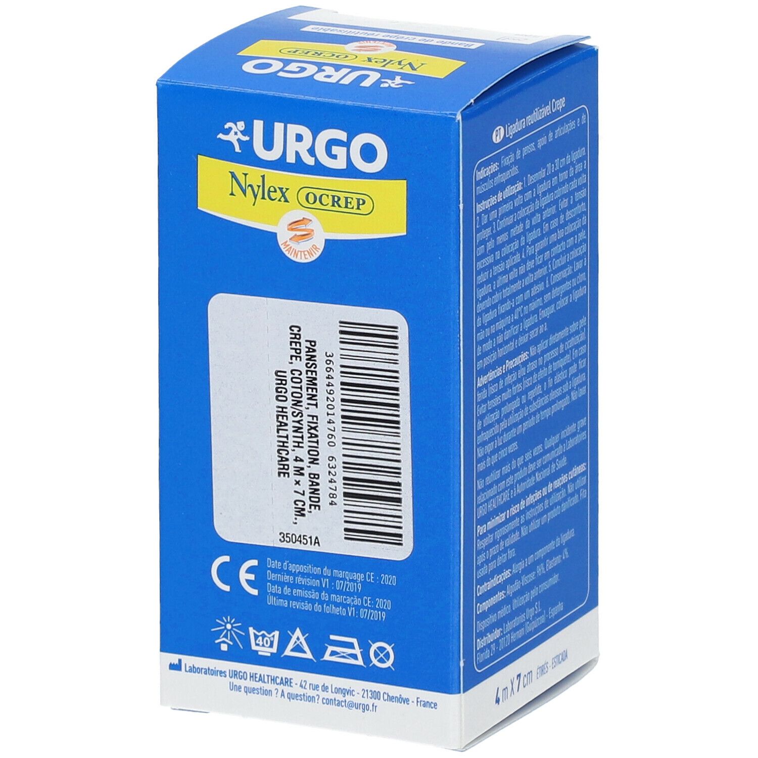 Boîte bleue. URGO Nylex OCREP, Bande de crêpe réutilisable, 4 m x 7 cm. Informations produit, numéro de lot et symboles de lavage.