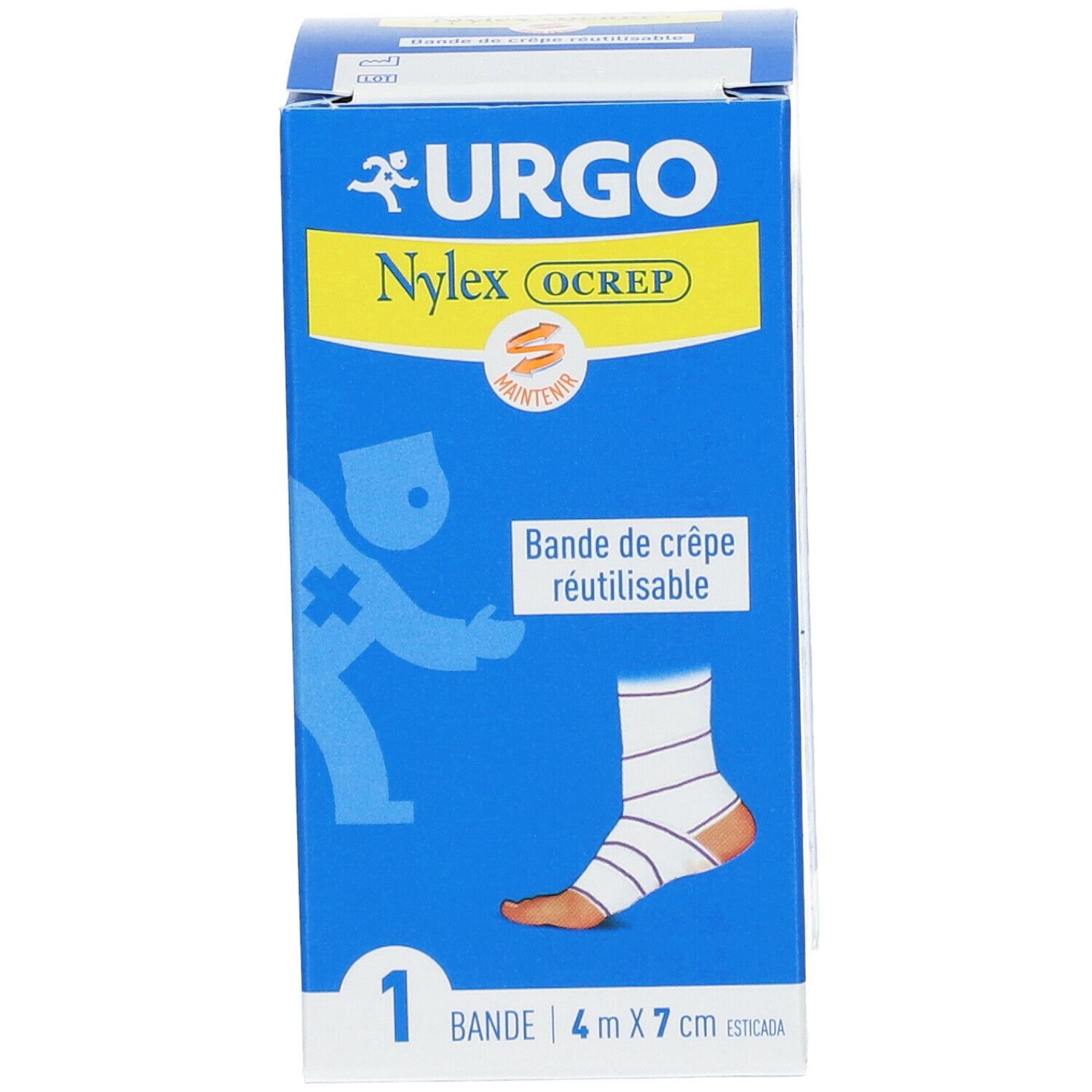 Boîte bleue. URGO Nylex OCREP, Bande de crêpe réutilisable, 4 m x 7 cm. Illustration d'un pied bandé, nom du produit et taille.