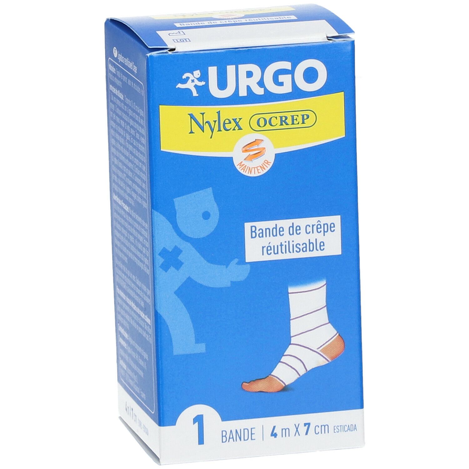 Boîte bleue. URGO Nylex OCREP, Bande de crêpe réutilisable, 4 m x 7 cm. Nom du produit, taille et illustration d'un pied bandé.