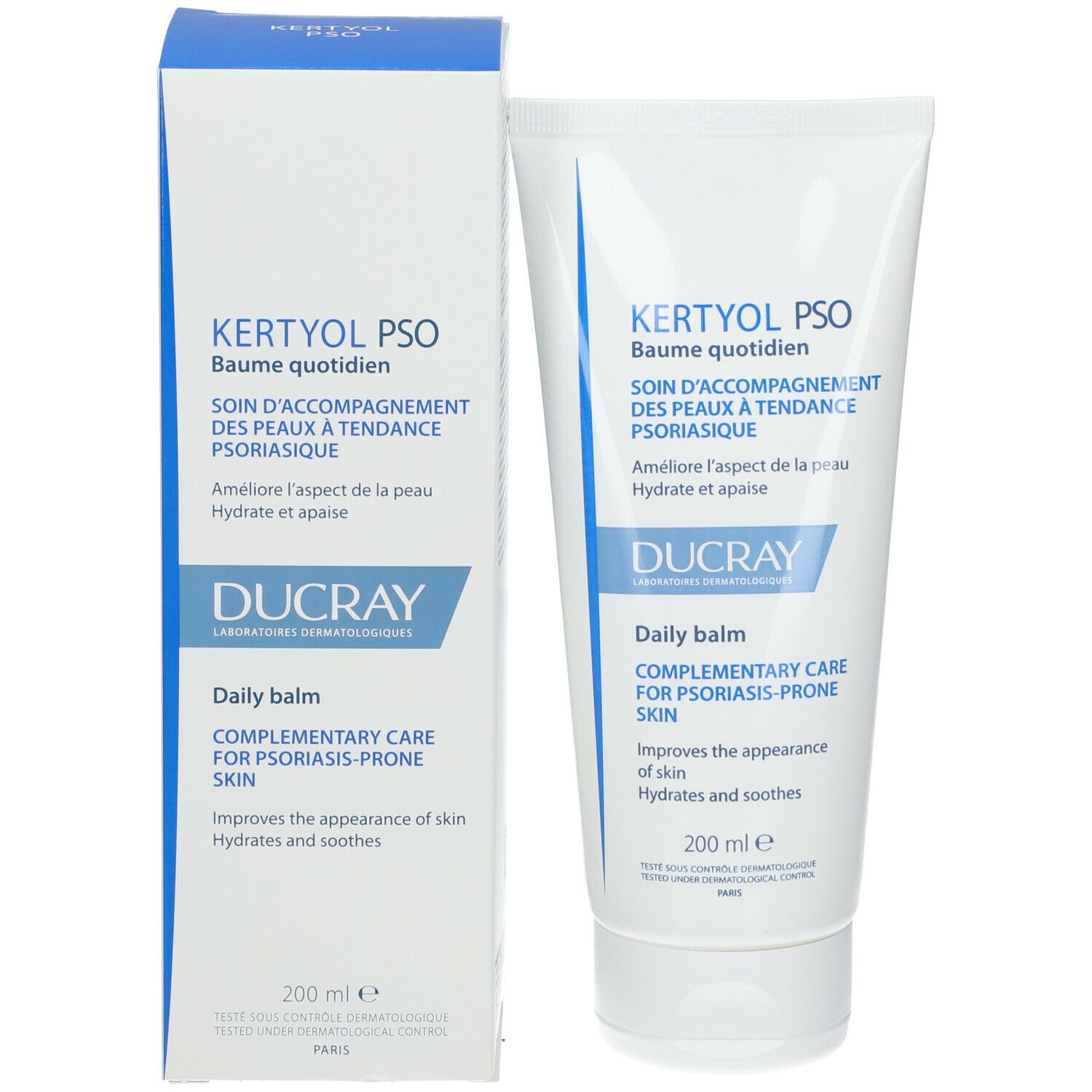 Emballage et tube du produit. Emballage et tube avec texte bleu. Contient Kertyol PSO Baume quotidien. Marque Ducray.