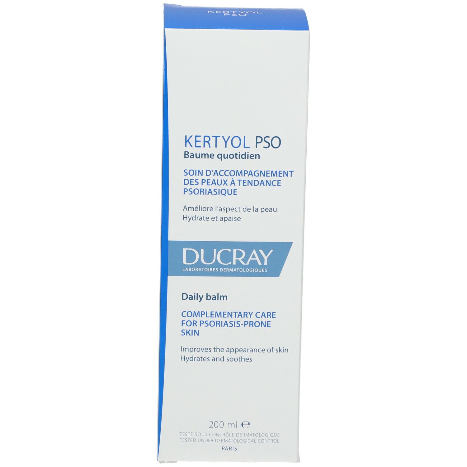 Emballage du produit avec texte bleu. Contient Kertyol PSO Baume quotidien. Texte en français et anglais. Marque Ducray.
