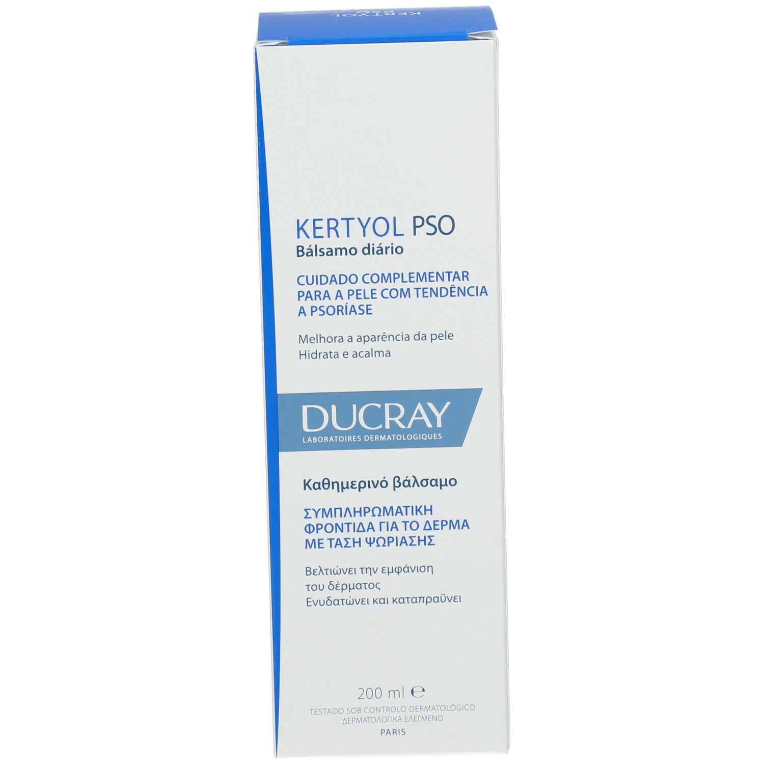 Emballage du produit avec texte bleu. Contient Kertyol PSO Baume quotidien. Texte en plusieurs langues. Marque Ducray.