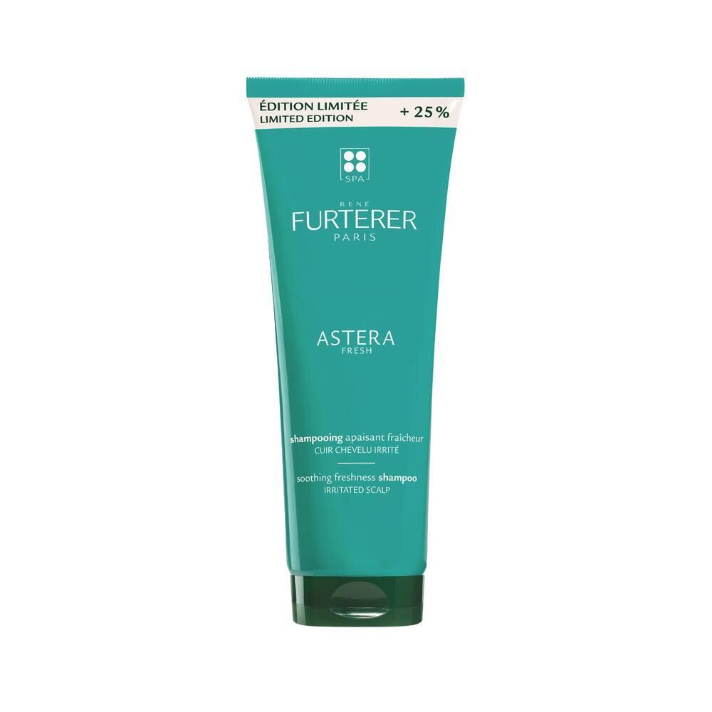 Tube turquoise. Texte : ÉDITION LIMITÉE +25%. Marque : RENE FURTERER PARIS. Produit : Astera Fresh Shampooing apaisant.