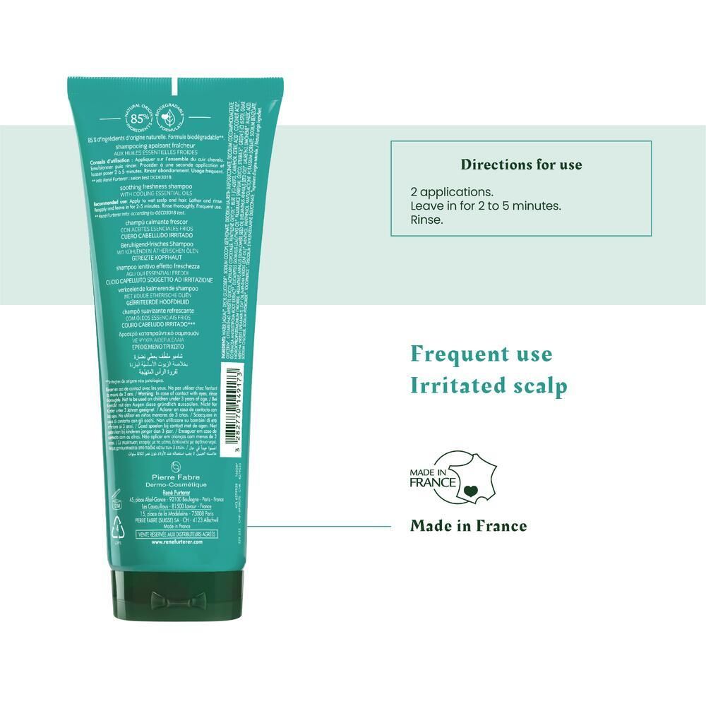 Dos d'un tube turquoise. Texte : instructions, ingrédients. Logo : Made in France. Marque : Pierre Fabre.
