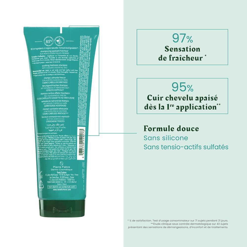 Dos d'un tube turquoise. Texte : 97% fraîcheur, 95% cuir chevelu apaisé. Formule sans silicone et sulfates.