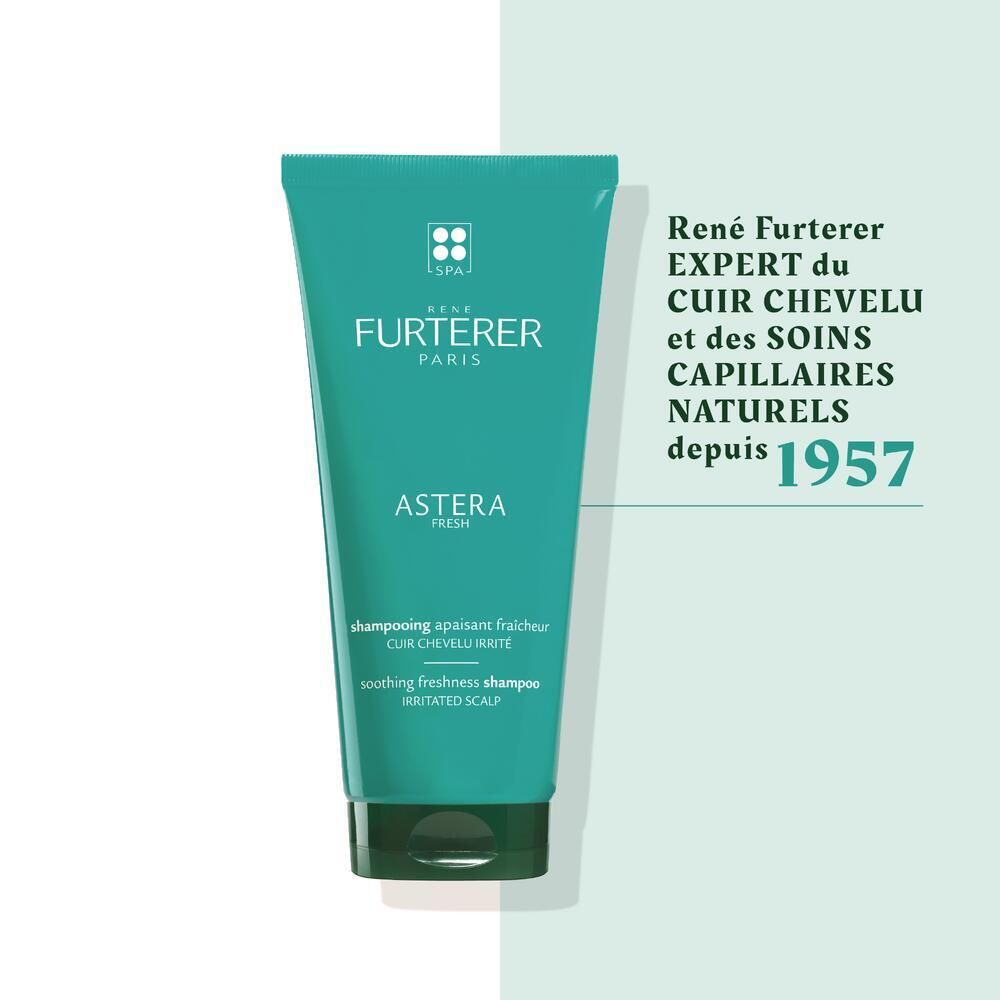 Tube turquoise. Texte : RENE FURTERER PARIS. Astera Fresh. Expert du cuir chevelu depuis 1957.