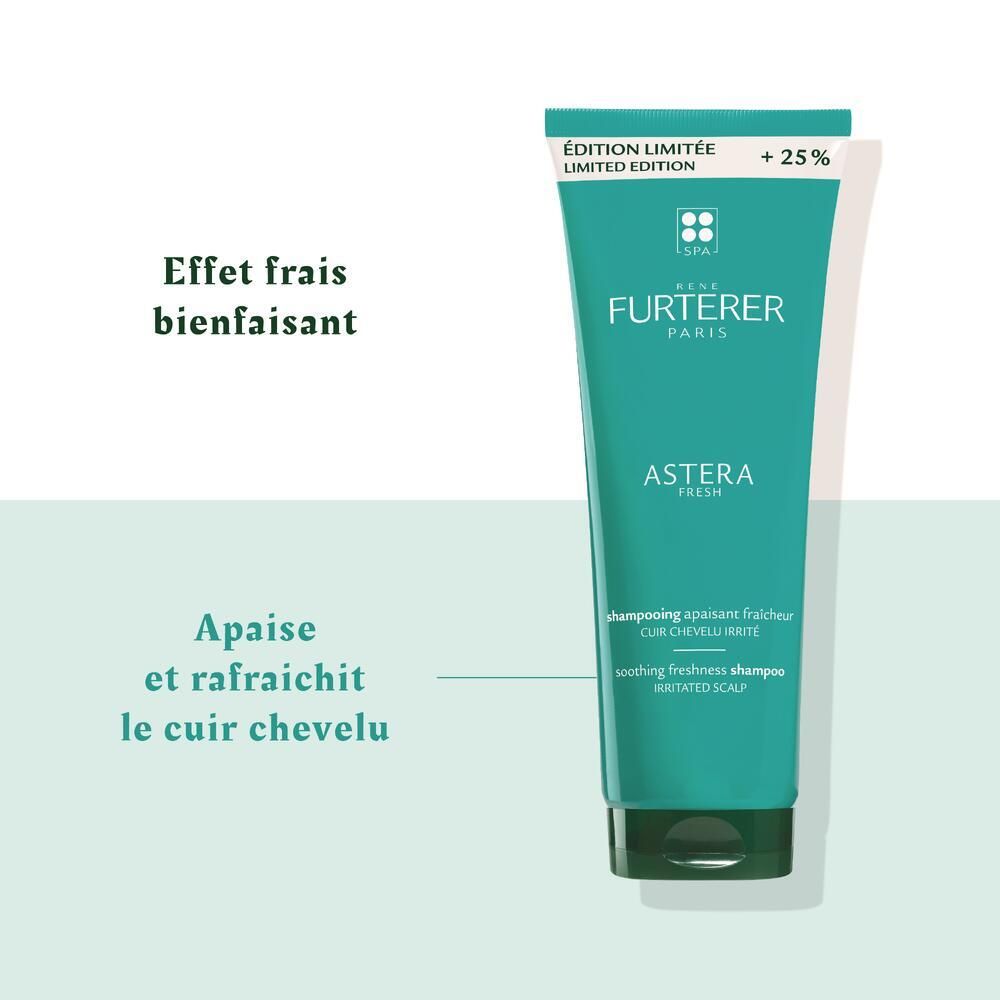Tube turquoise. Texte : ÉDITION LIMITÉE +25%. Effet : frais et bienfaisant. Apaise et rafraîchit le cuir chevelu.