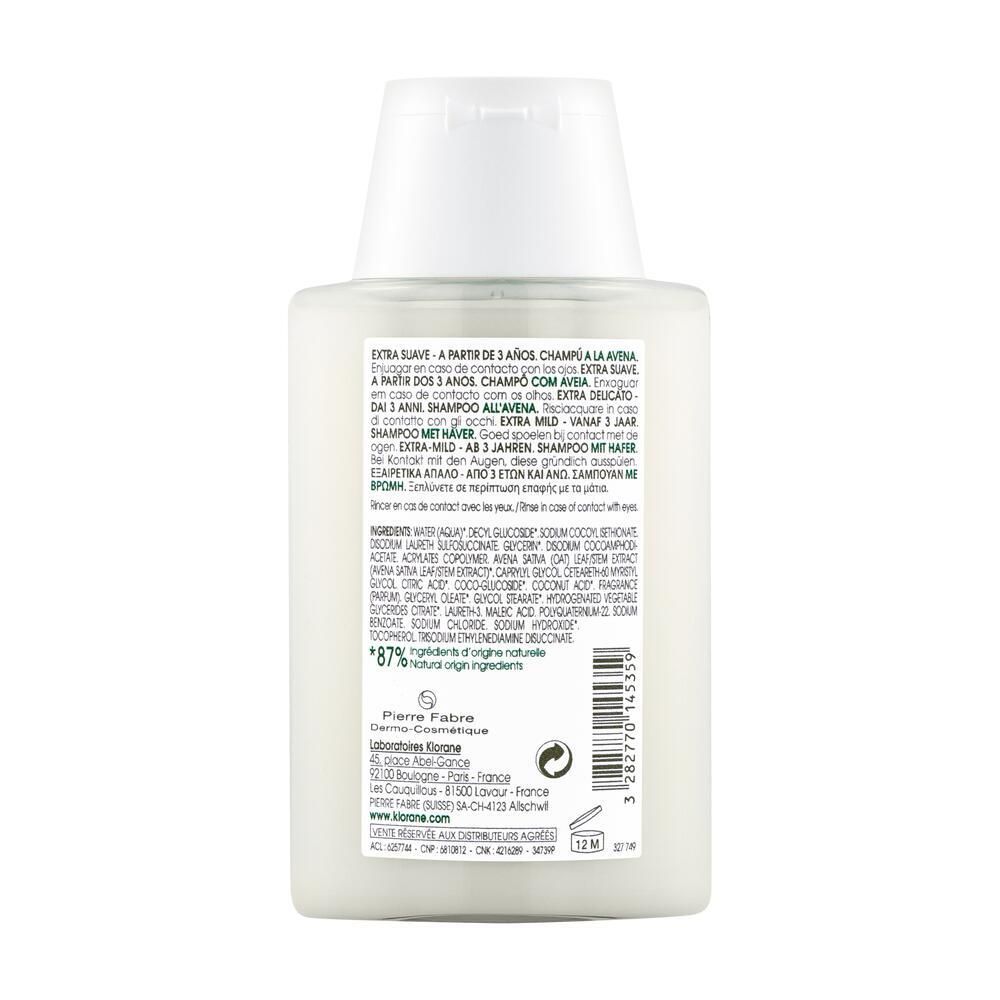 Dos du flacon de shampooing Klorane Hafermilch. Informations textuelles multilingues. Contient 87% d'ingrédients d'origine naturelle.