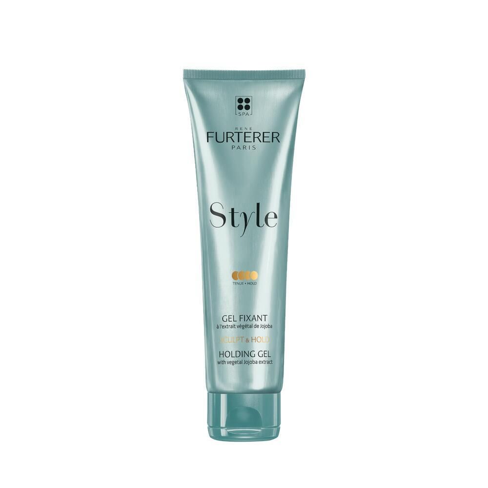 Tube turquoise avec texte blanc. "FURTERER PARIS Style Gel Fixant" est écrit sur le devant. Nom du produit et marque visibles.