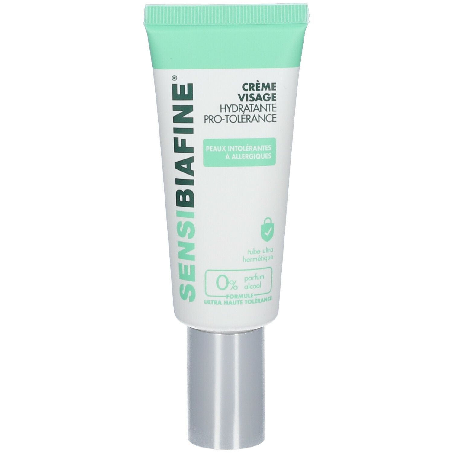 Tube de crème SensiBiafine® avec bouchon vert. Texte : Crème Visage Hydratante Pro-Tolérance. Pour peaux intolérantes.