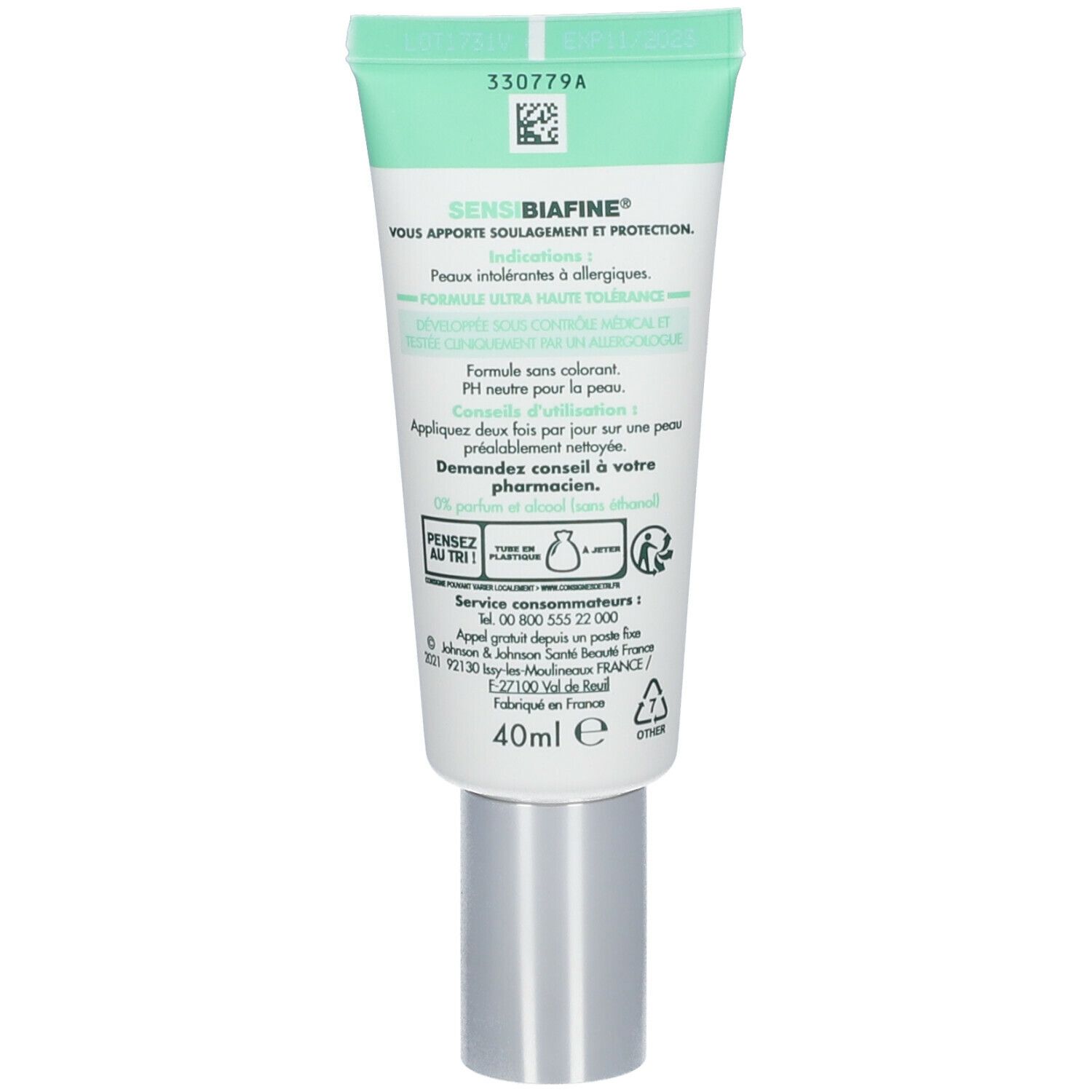 Dos du tube de crème SensiBiafine®. Texte : Pour peaux intolérantes. 40ml. Informations de recyclage.