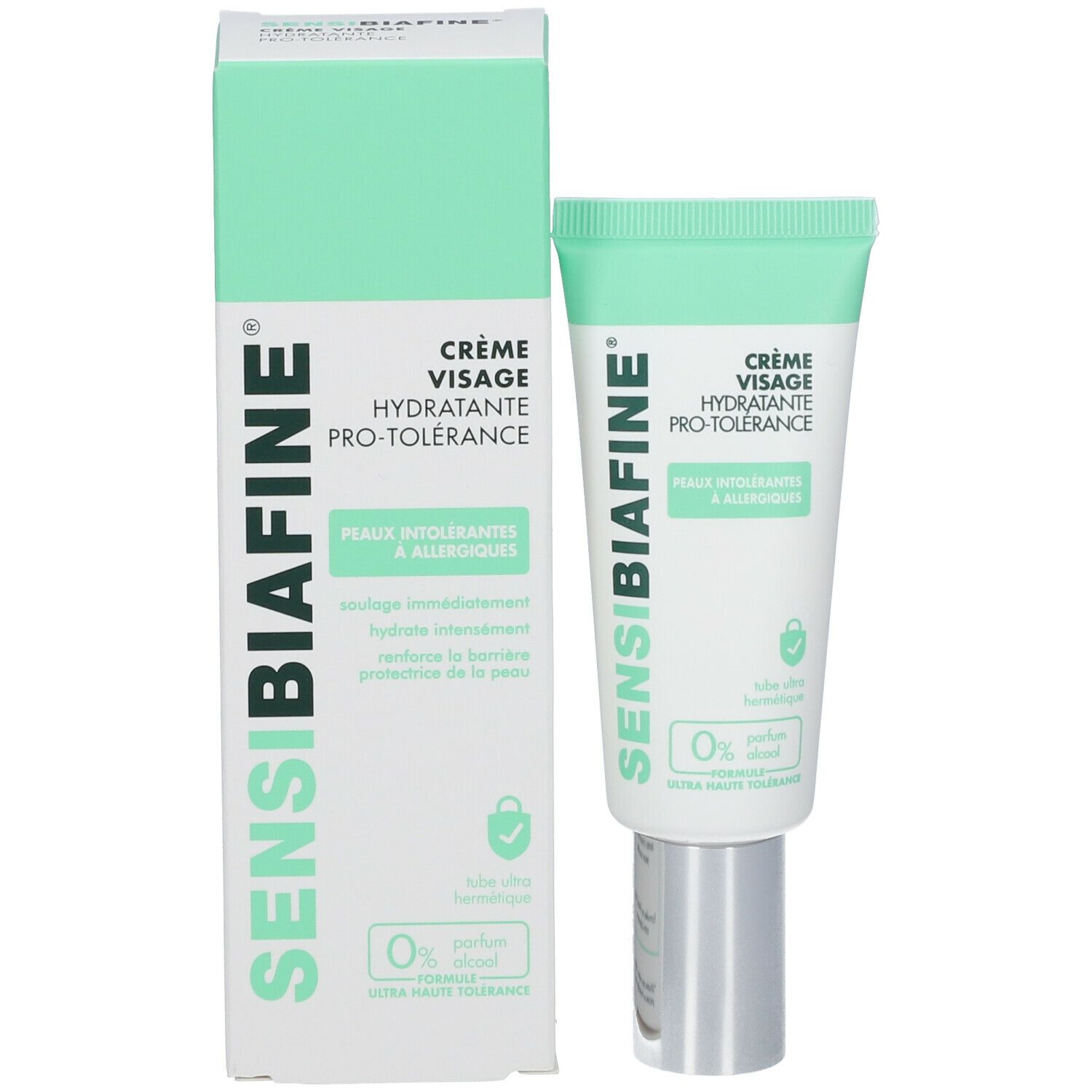 Tube et boîte de crème SensiBiafine®. Texte : Crème Visage Hydratante Pro-Tolérance. Pour peaux intolérantes. 0% Parfum.
