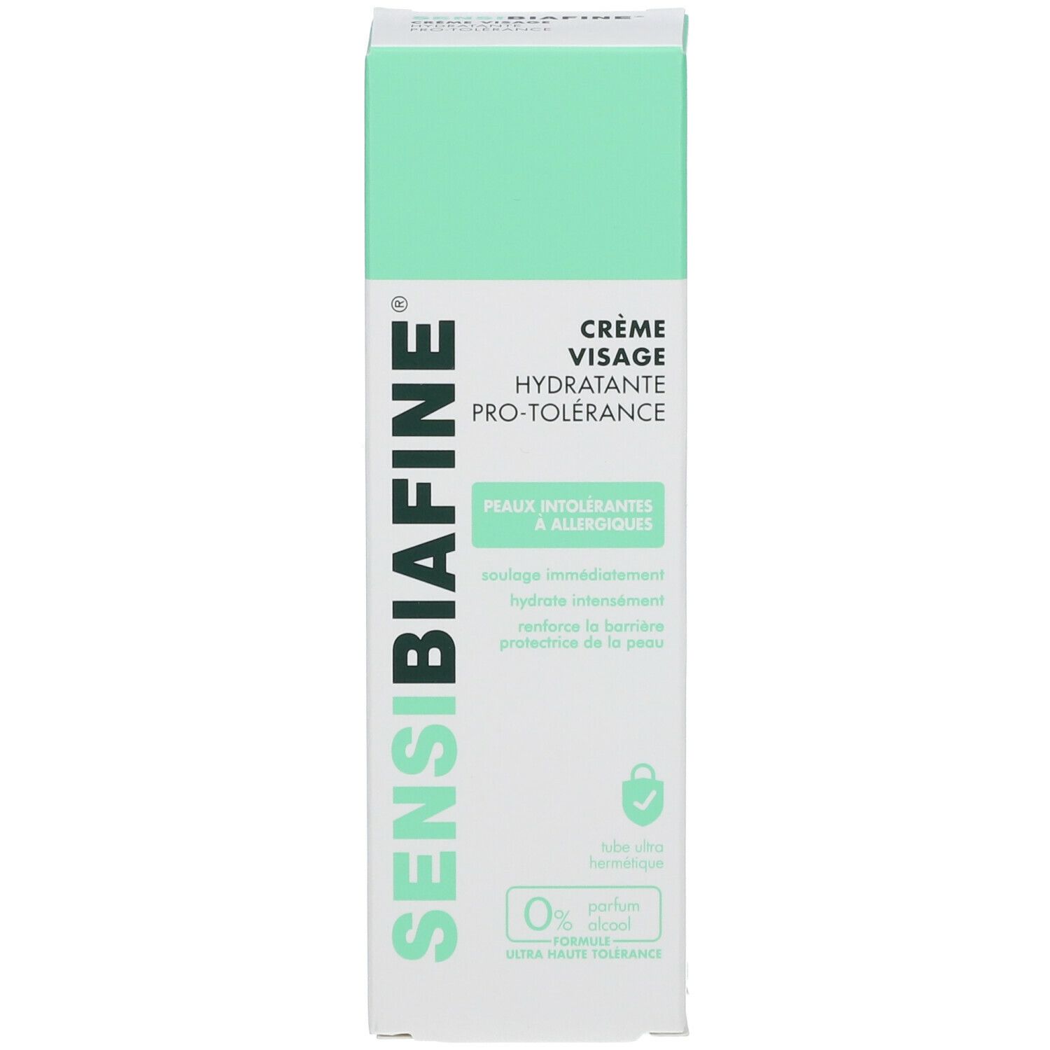 Boîte de crème SensiBiafine®. Texte : Crème Visage Hydratante Pro-Tolérance. Pour peaux intolérantes. 0% Parfum.