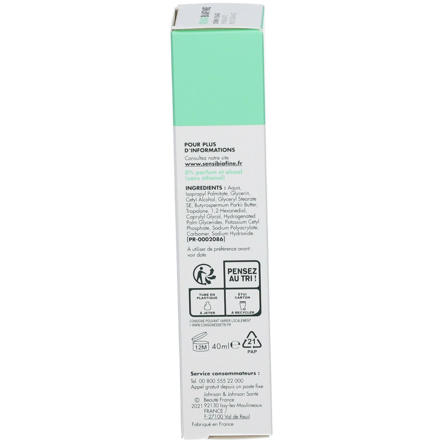 Dos de la boîte de crème SensiBiafine®. Texte : Ingrédients, 40ml, informations de recyclage, symbole 12M.