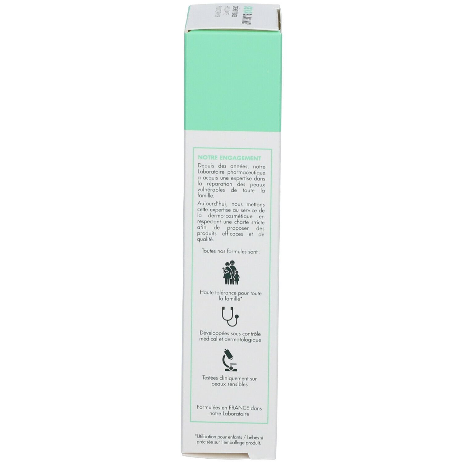 Côté de la boîte de crème SensiBiafine®. Texte : Informations sur la marque, contrôle dermatologique, formules de France.
