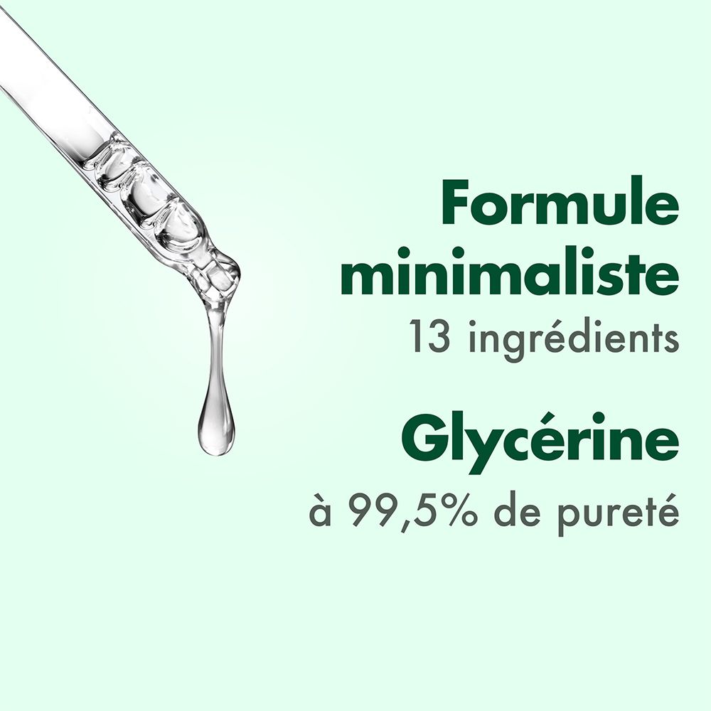 Gouttes d'une pipette. Texte: Formule minimaliste, 13 ingrédients, Glycérine à 99,5% de pureté.