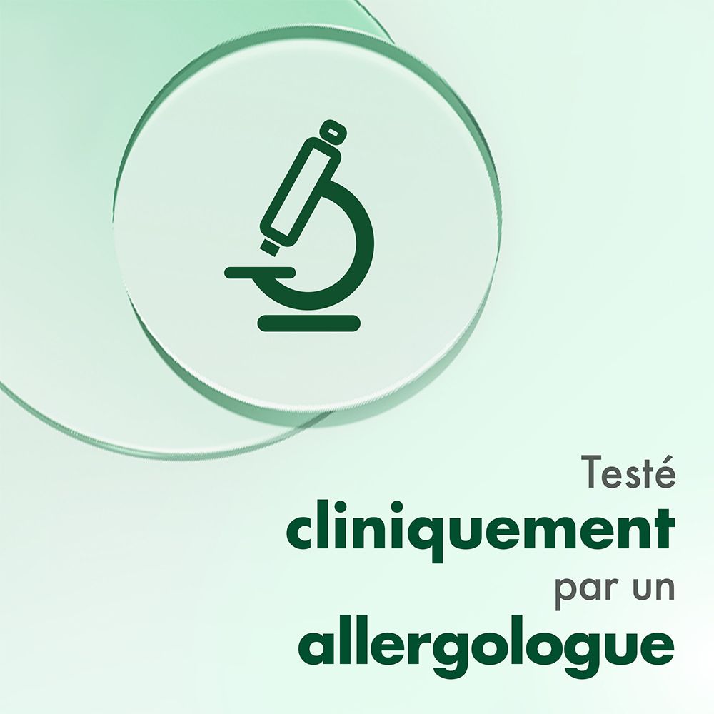 Symbole de microscope. Texte: Testé cliniquement par un allergologue.