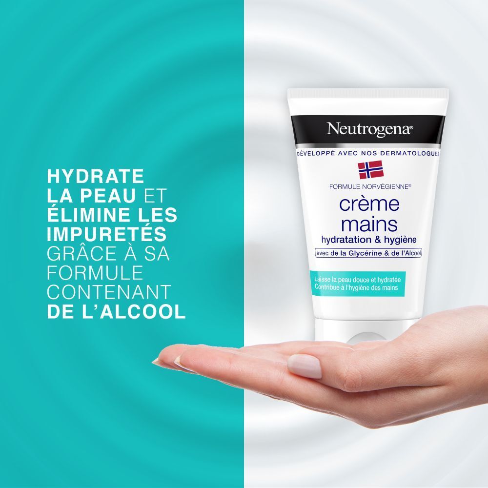 Handcreme-Tube in Hand. Text: Hydrate la peau et élimine les impuretés grâce à sa formule contenant de l'alcool. Neutrogena.