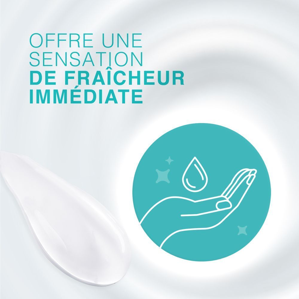 Grafik: Hand mit Tropfen. Text: Offre une sensation de fraîcheur immédiate. Handcreme-Effekt.